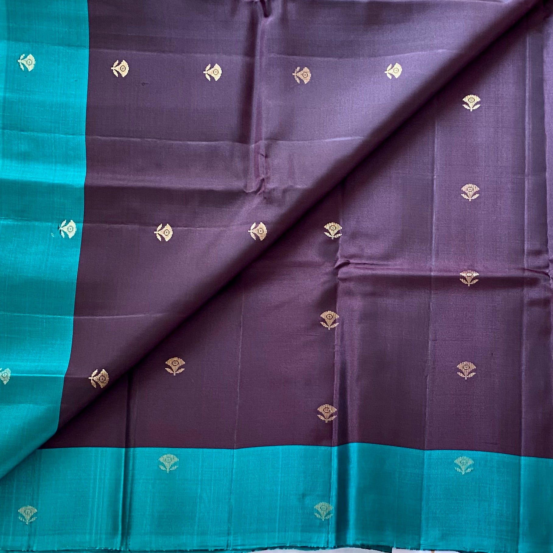 Wine Brown Designer Pure Silk With Teal Green Zari Border