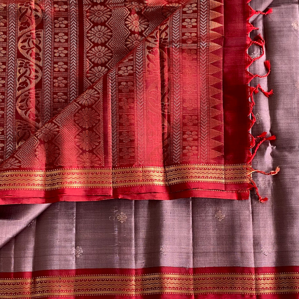 Taupe Designer Pure Silk Saree With Crimson Red Pallu
