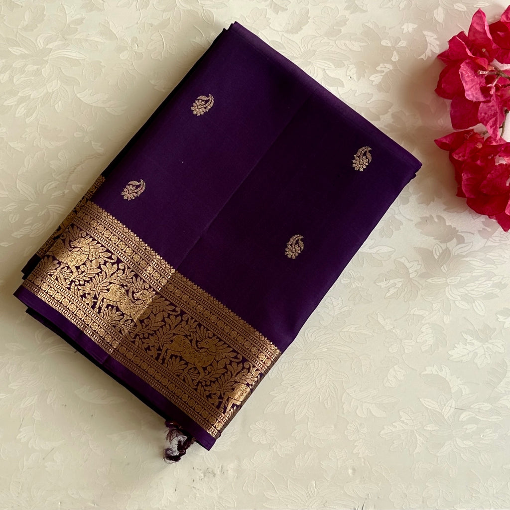 Royal Purple Saree Gold Woven Border Elephant Floral Pallu Silky
