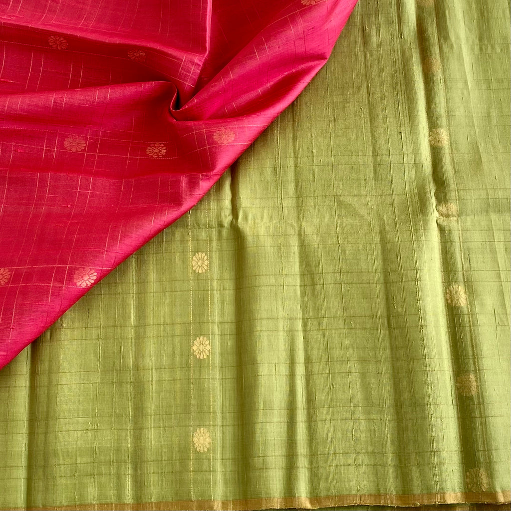 Pistachio Green And Rani Pink Designer Pure Raw Silk Saree