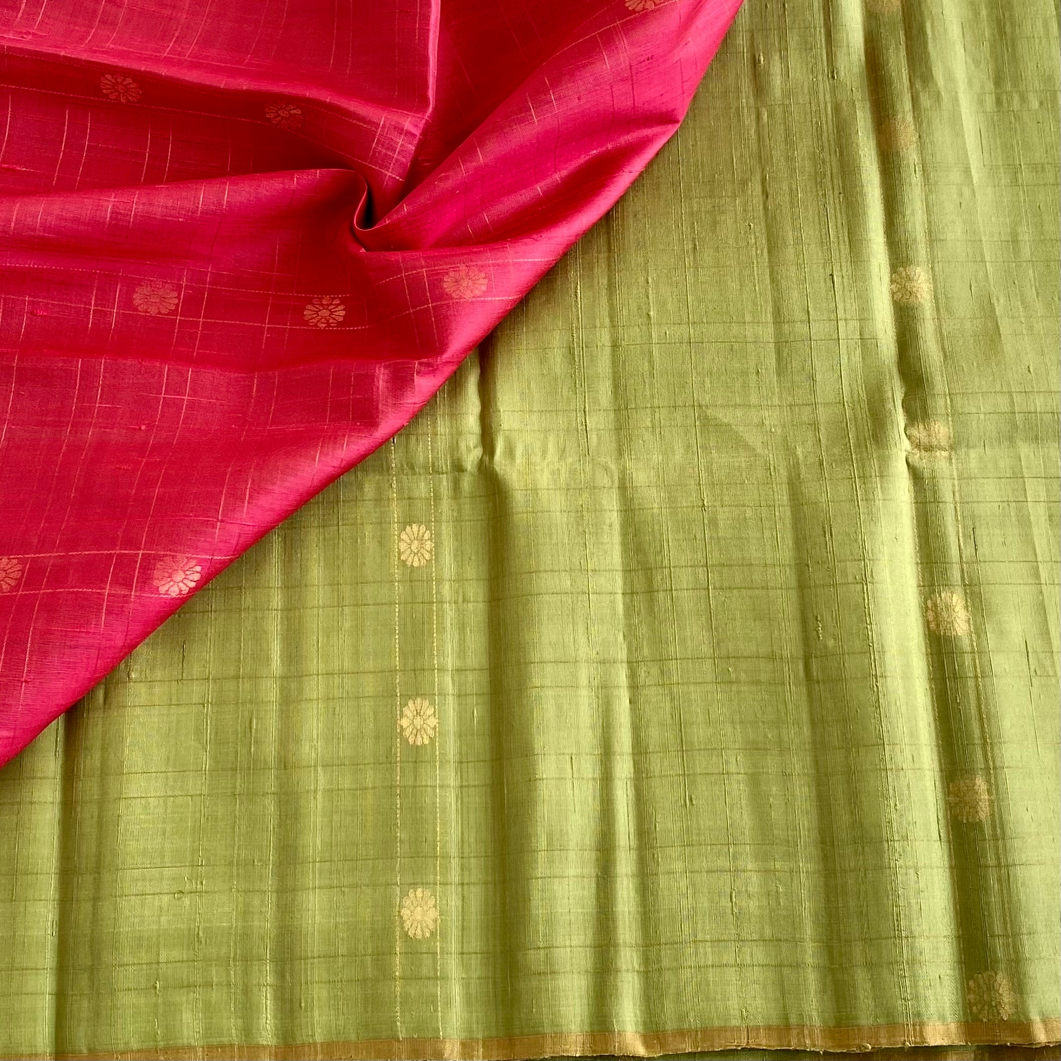 Pistachio Green And Rani Pink Designer Pure Raw Silk Saree