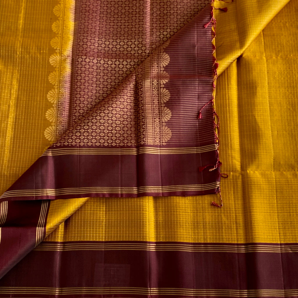 Mustard Yellow Designer Micro-checks Pure Silk With Wine Brown Pallu