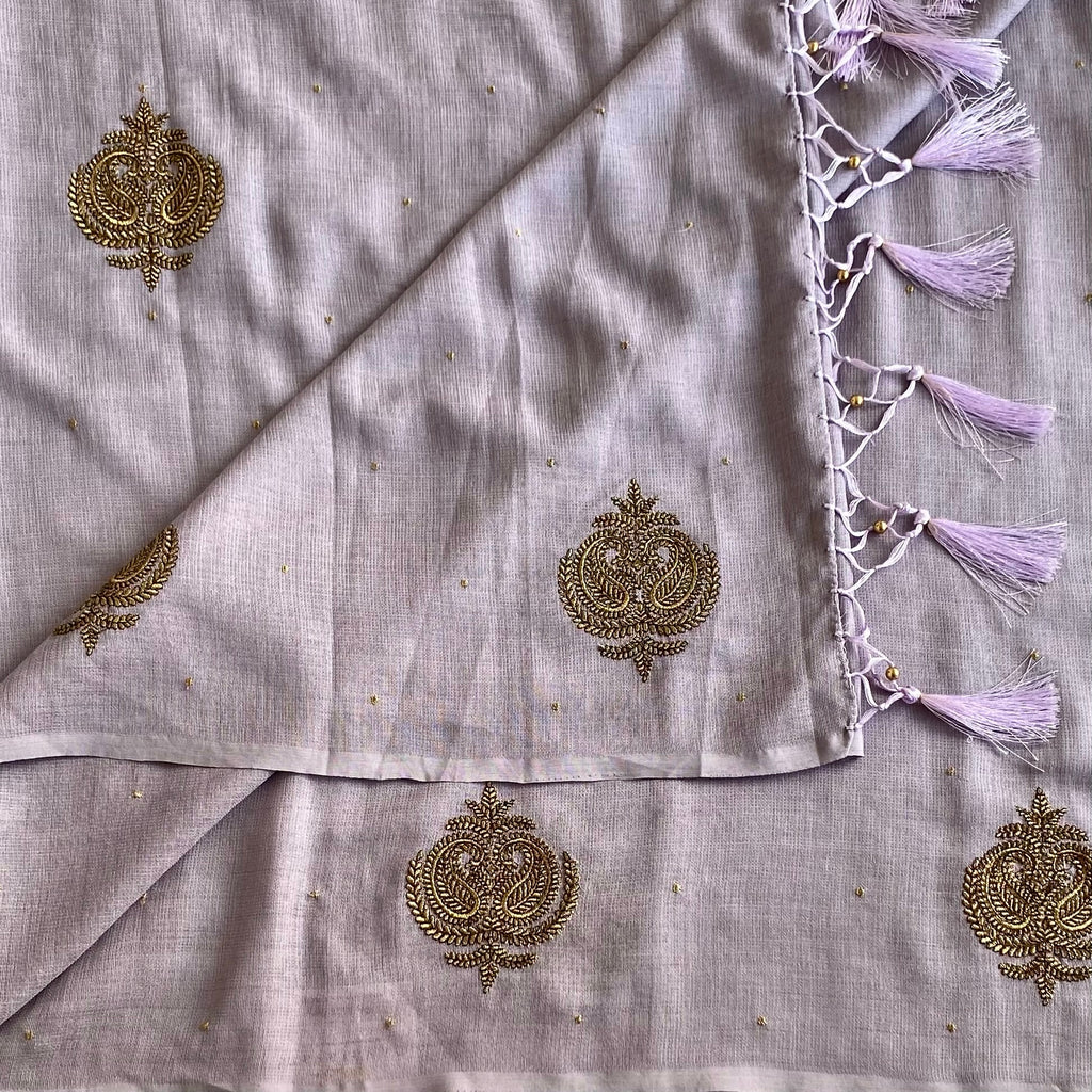 Light Pastel Lavender Lilac Soft Tussar Silk Saree With Antique Gold Embroidery