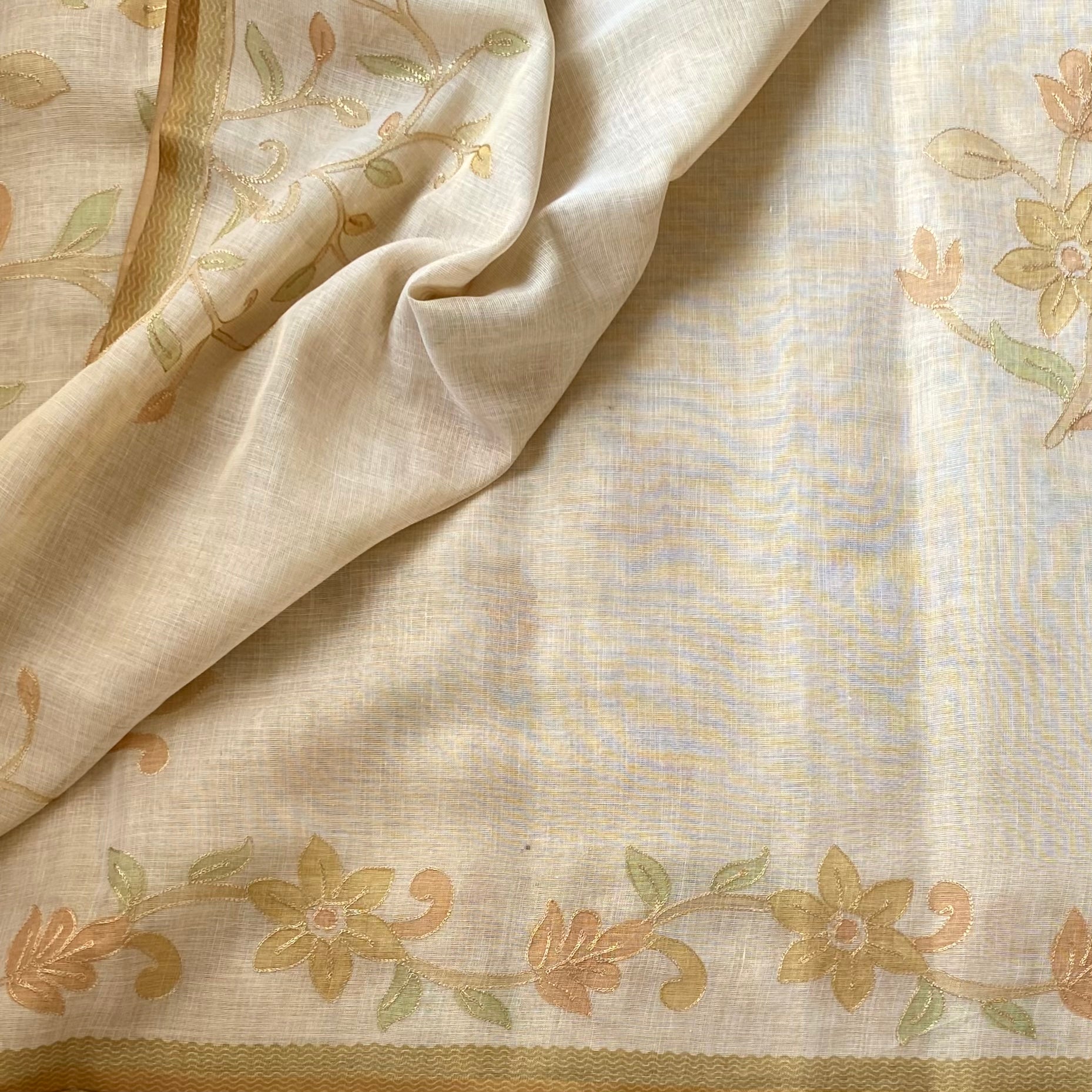 Cream Ecru Floral Embroidered Saree Pale Gold Border soft linen stunner