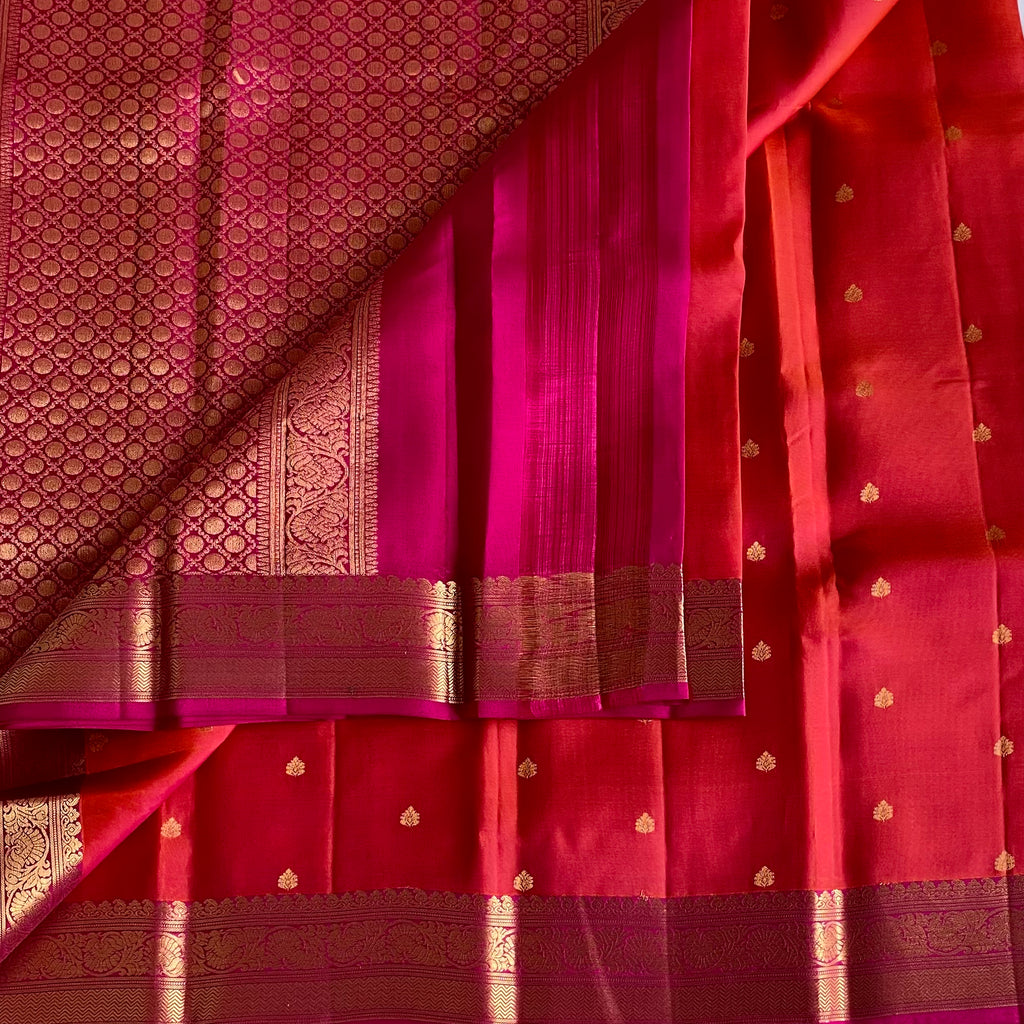 Rani Pink Designer Pure Silk Saree With Vermilion Pallu