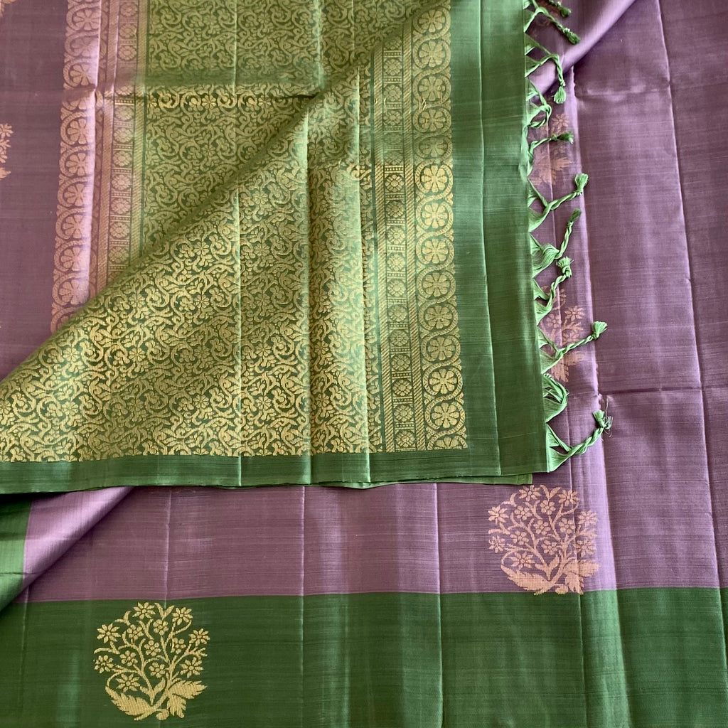 Mauve Lavender Designer Pure Silk Saree With Metallic Green Pallu And Gold Zari