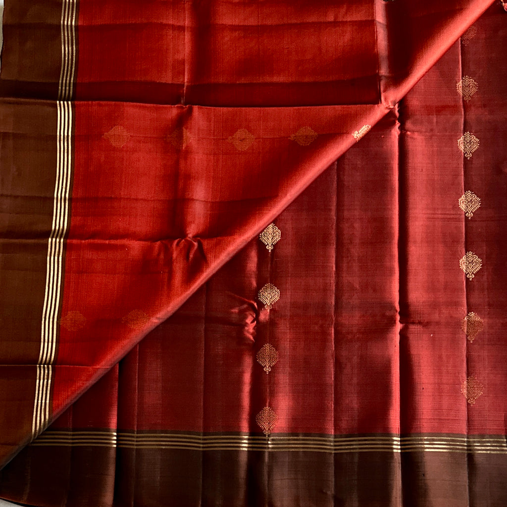 Oxblood Silk Saree Bronze Pallu Gold Zari Geometric Weave Traditional