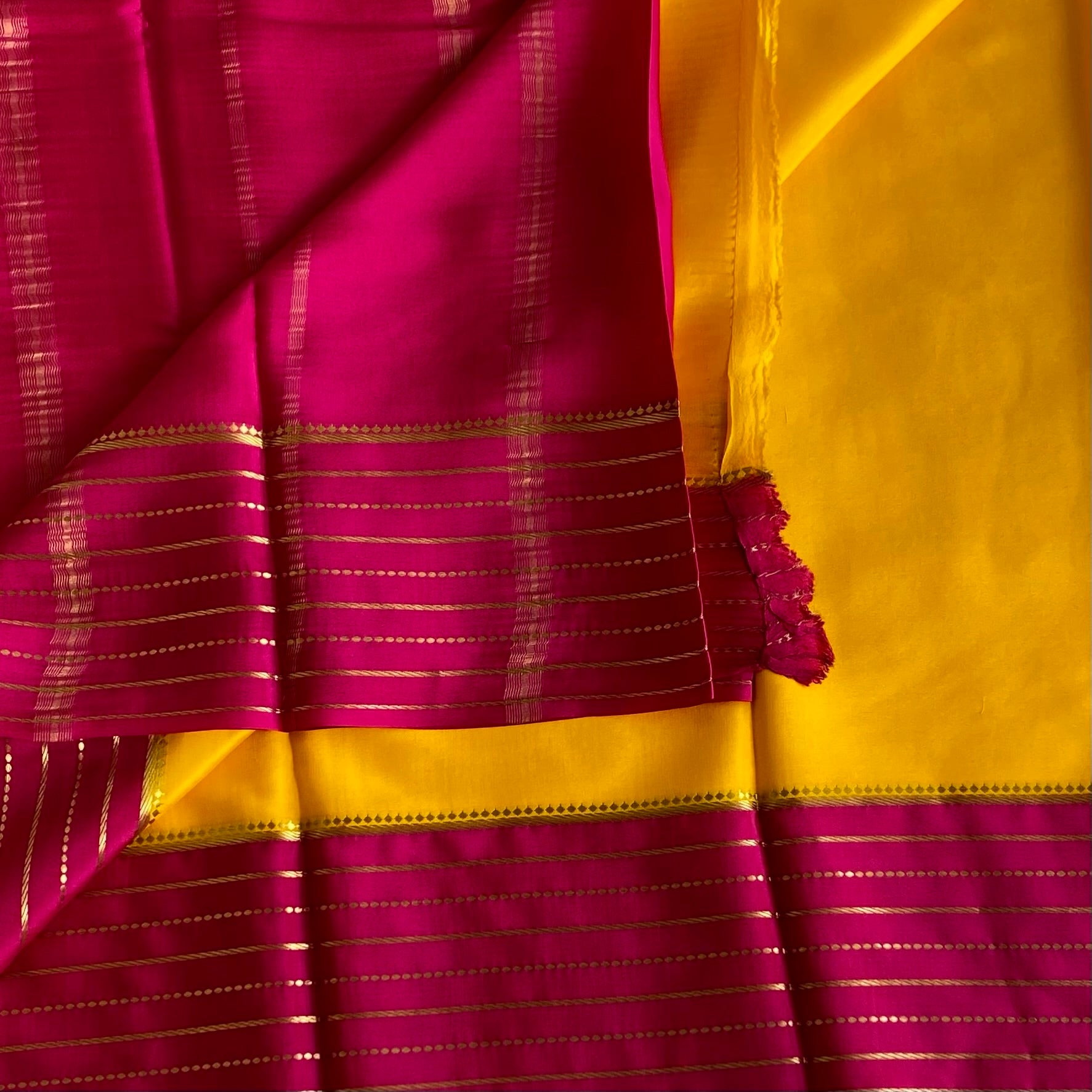 Mustard Yellow Mysore Crepe Silk Saree With Rani Pink Pallu