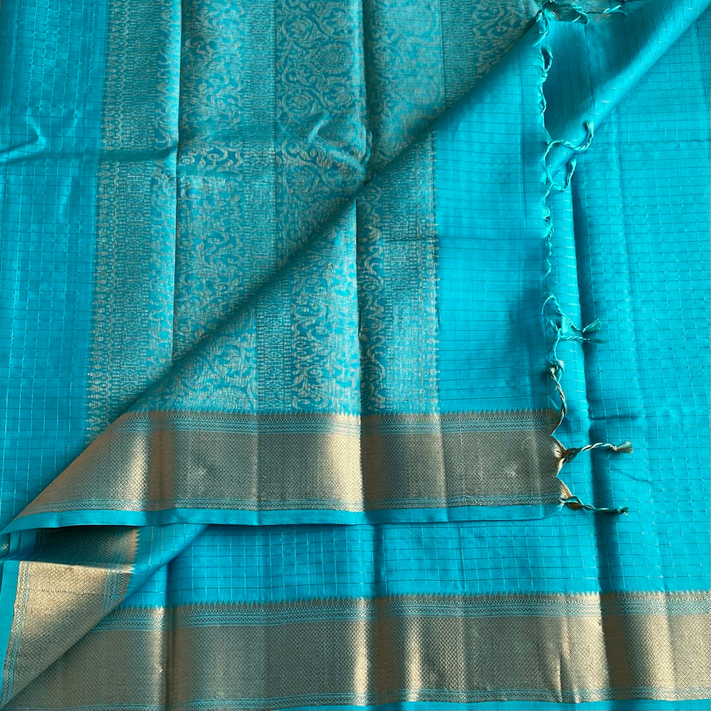 Aqua Turquoise Designer Pure Silk Saree With Antique Gold Border And Pallu