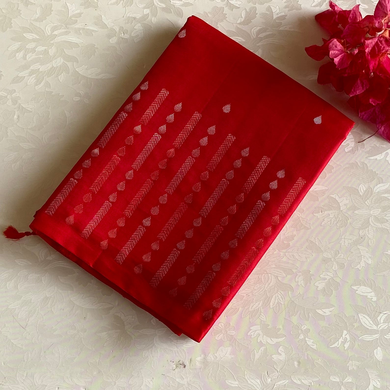 Scarlet Red Designer Pure Silk Saree With Metallic Gold Motifs