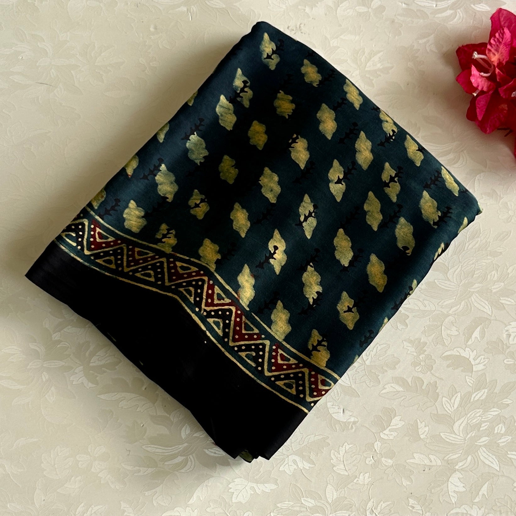 Deep Teal Ajrakh Handblock Printed Silk Saree With Olive Green Pallu