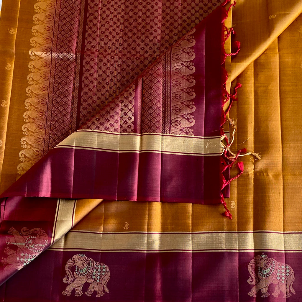 Mustard Gold Designer Pure Silk Saree With Deep Maroon Pallu