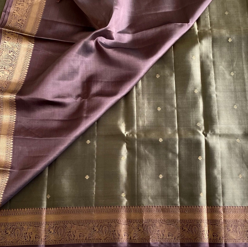 Sage Green Designer Pure Silk Saree With Metallic Brown Pallu