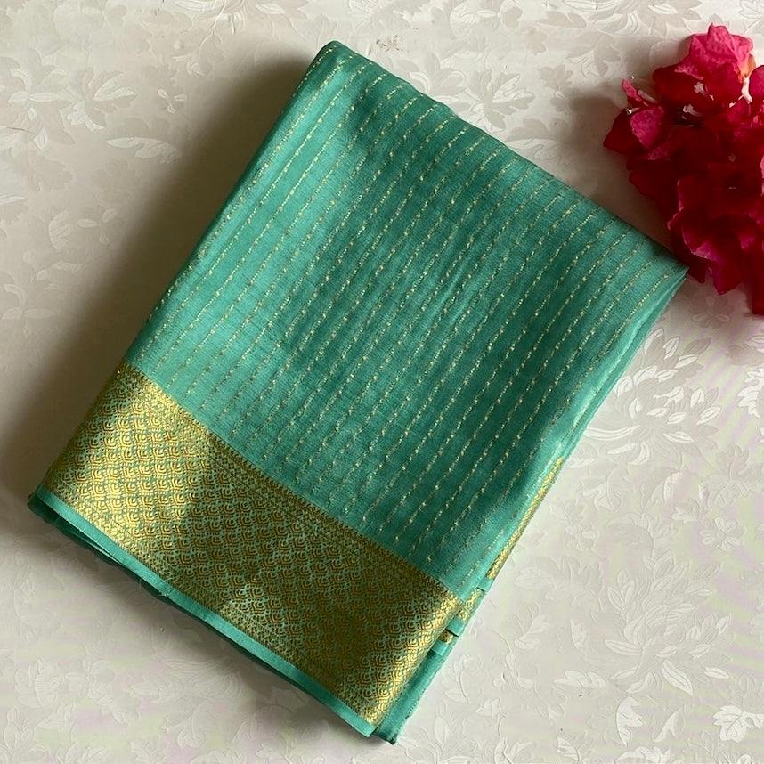 Dreamy Sea Blue Mysore Crepe Silk Saree With Metallic Gold Border