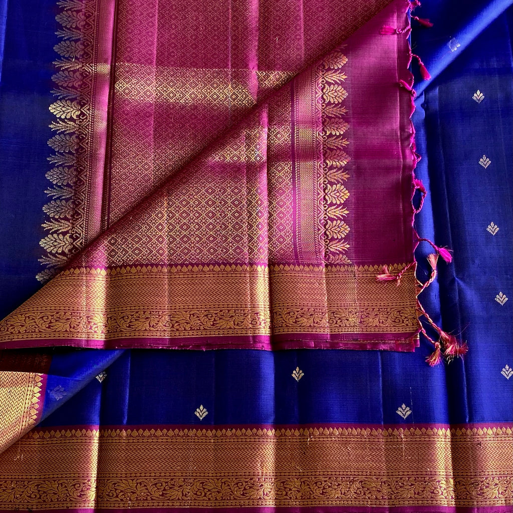 Royal Blue Designer Pure Silk Saree With Rani Pink Pallu