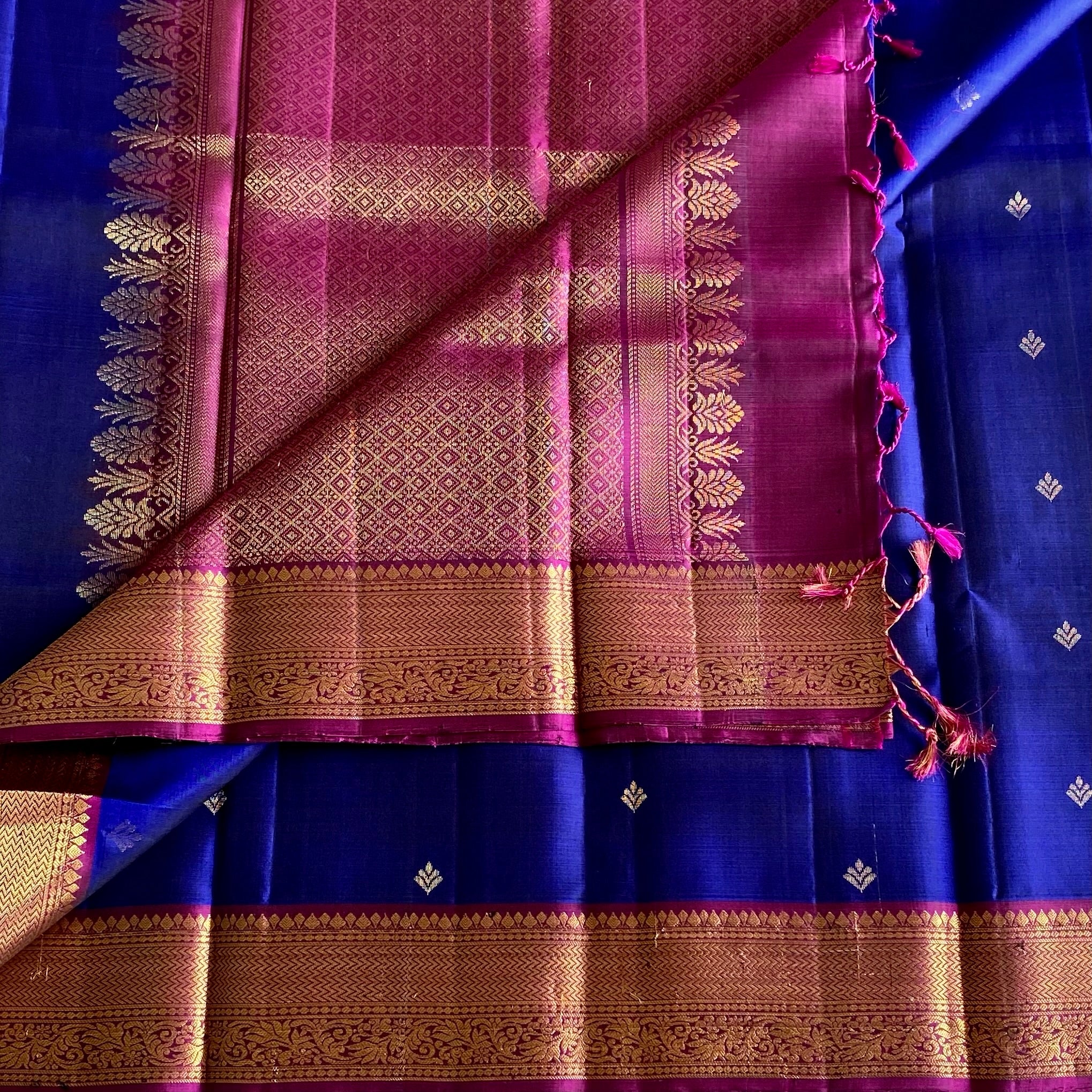 Royal Blue Designer Pure Silk Saree With Rani Pink Pallu