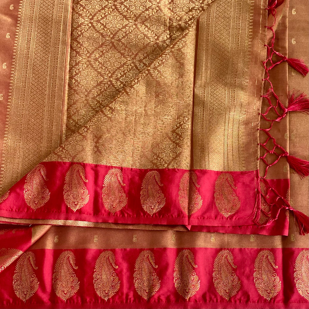 Burnt Orange Silk Saree with Gold Brocade Crimson Paisley Border
