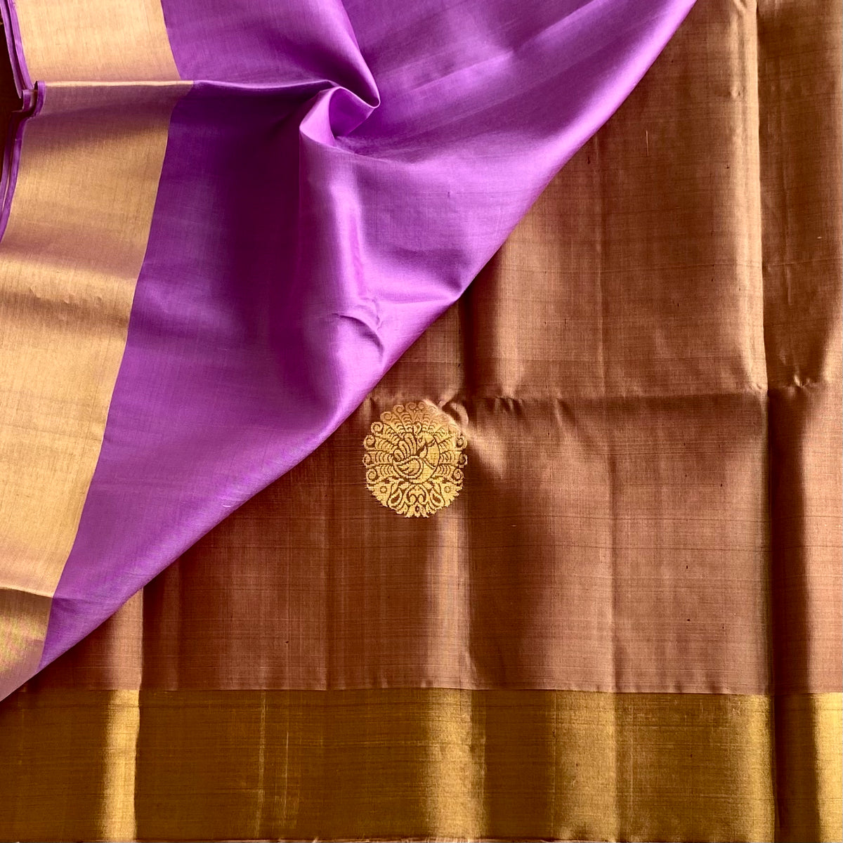 Rare Bronze Brown Designer Pure Silk Saree With Orchid Lavender Pallu