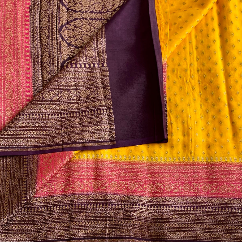 Tri Colour Sunflower Yellow Purple And Rose Pink Banarasi Crepe Silk Saree With Gold Zari