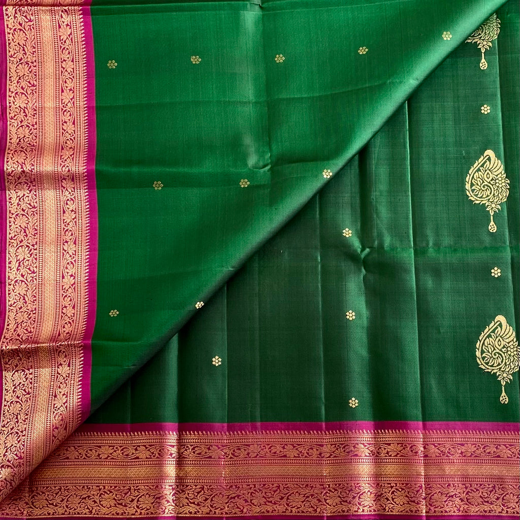 Emerald Green Designer Pure Silk Saree With Rani Pink Pallu Gold Zari