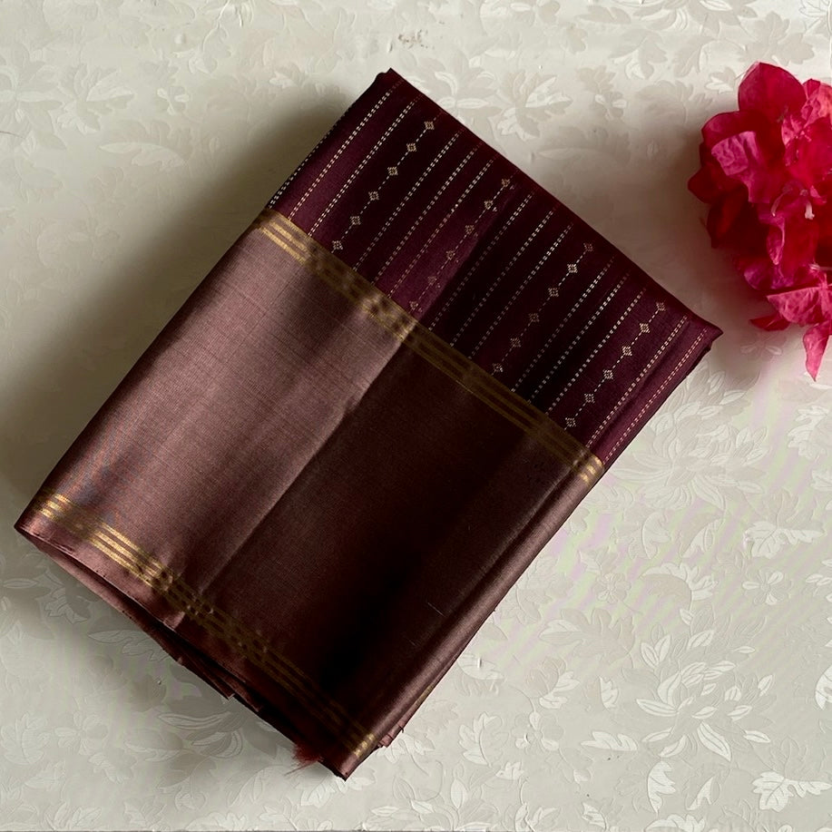 Classic Chocolate Brown Designer Pure Silk Saree With Biscuit Brown