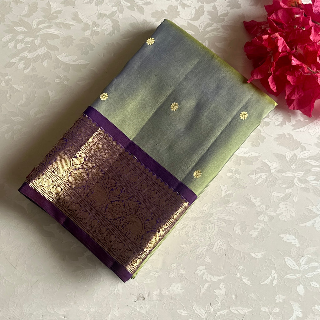 Dual shaded Sage Green Designer Pure Silk Saree With Royal Purple Pallu