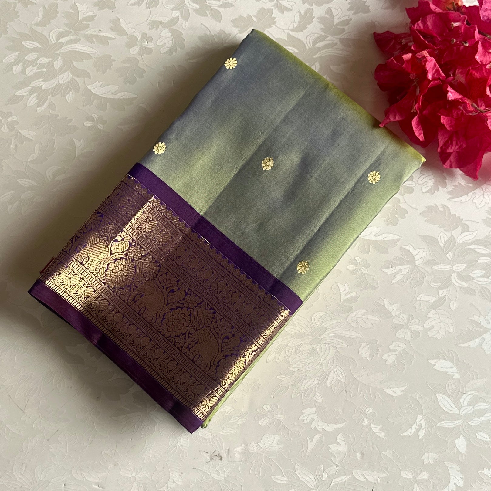 Dual shaded Sage Green Designer Pure Silk Saree With Royal Purple Pallu