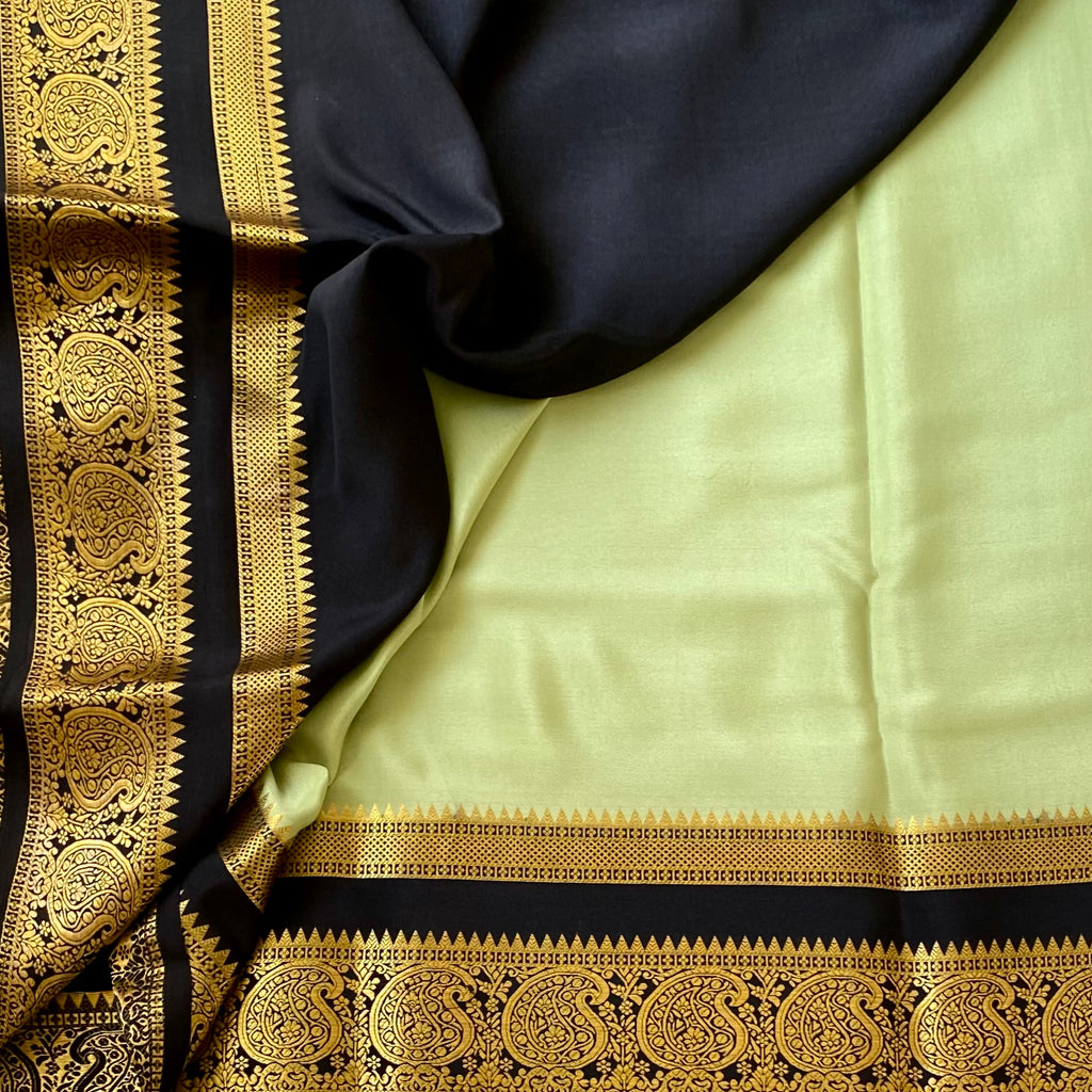 Pistachio Silk Saree with Black Gold Paisley Border for Festivities