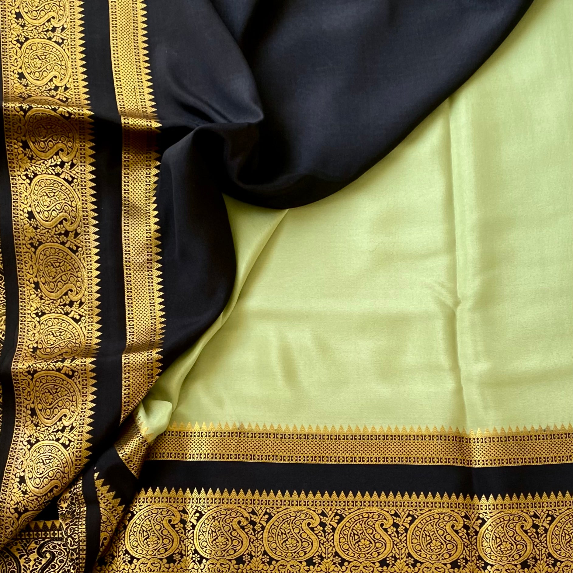 Pistachio Silk Saree with Black Gold Paisley Border for Festivities