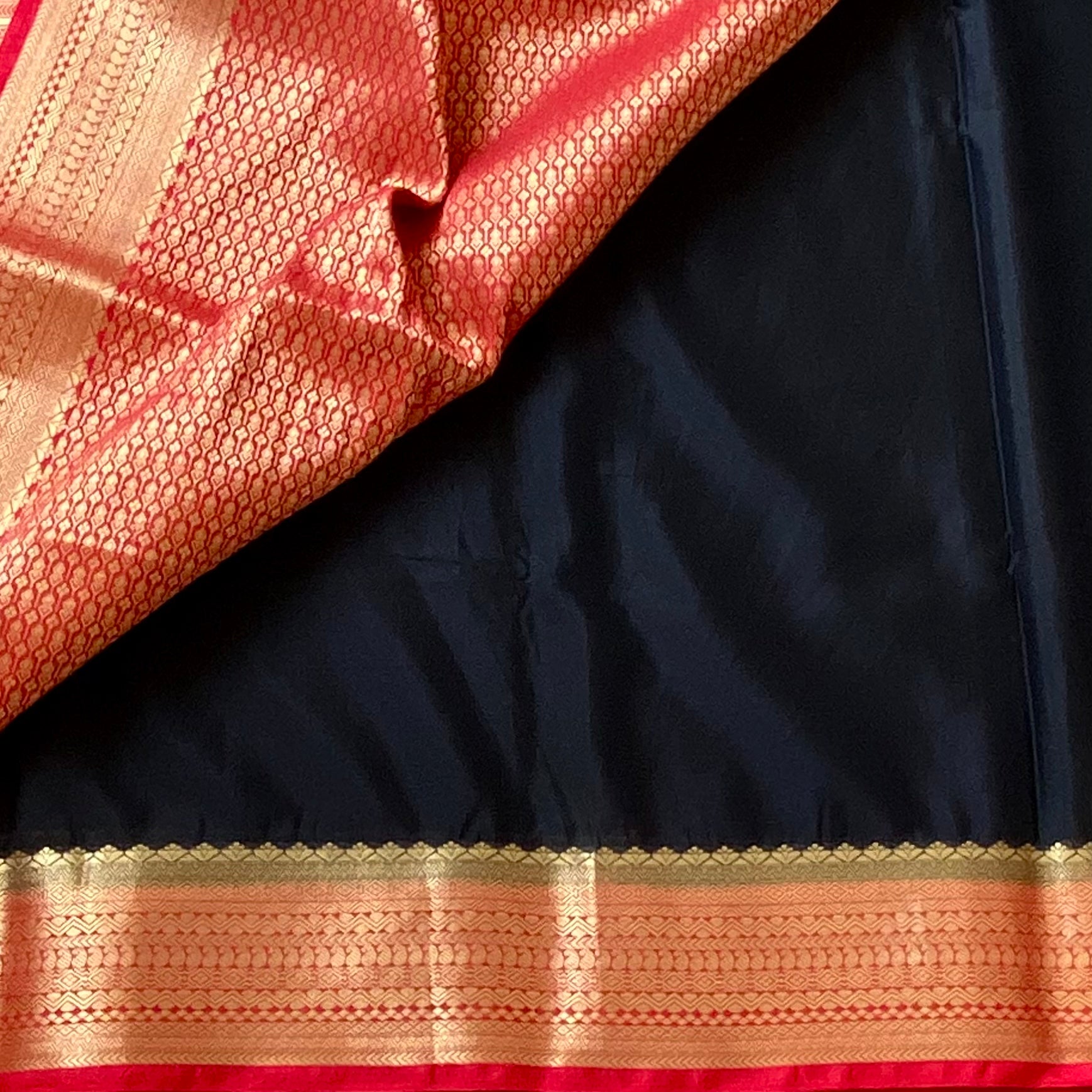 Deep Black with crimson red blended crepe silk with brocade blouse