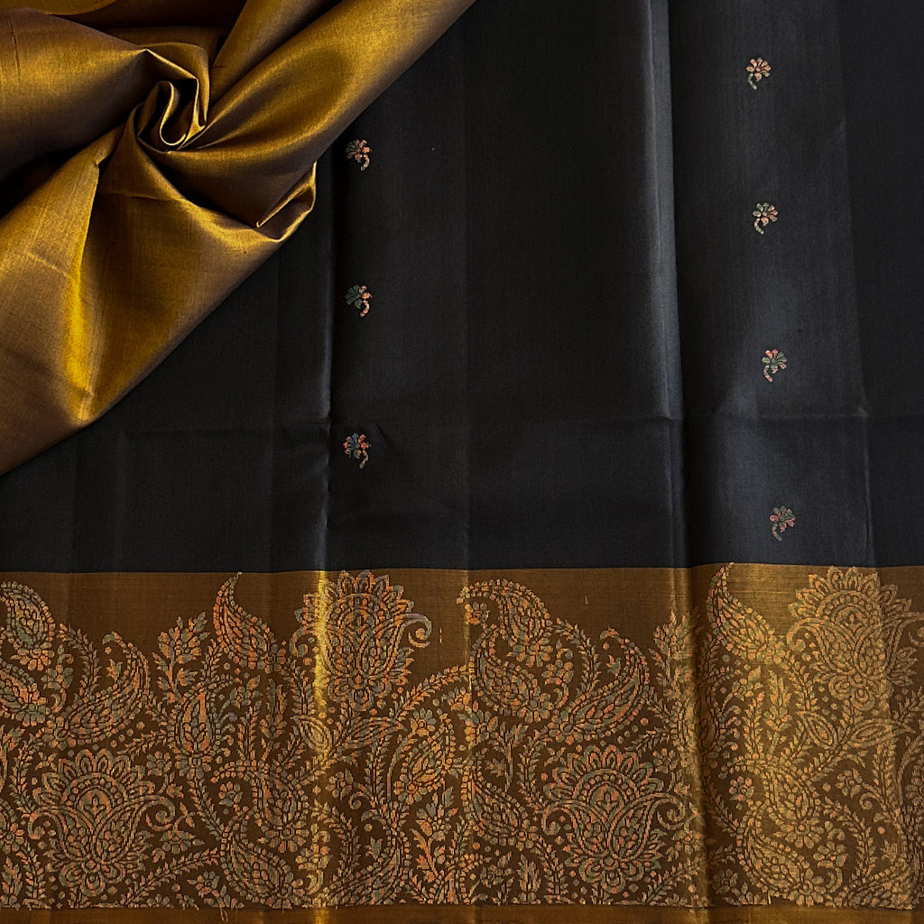 Navy Mustard Zari Paisley Border Silk Saree Elegant Festive Wear
