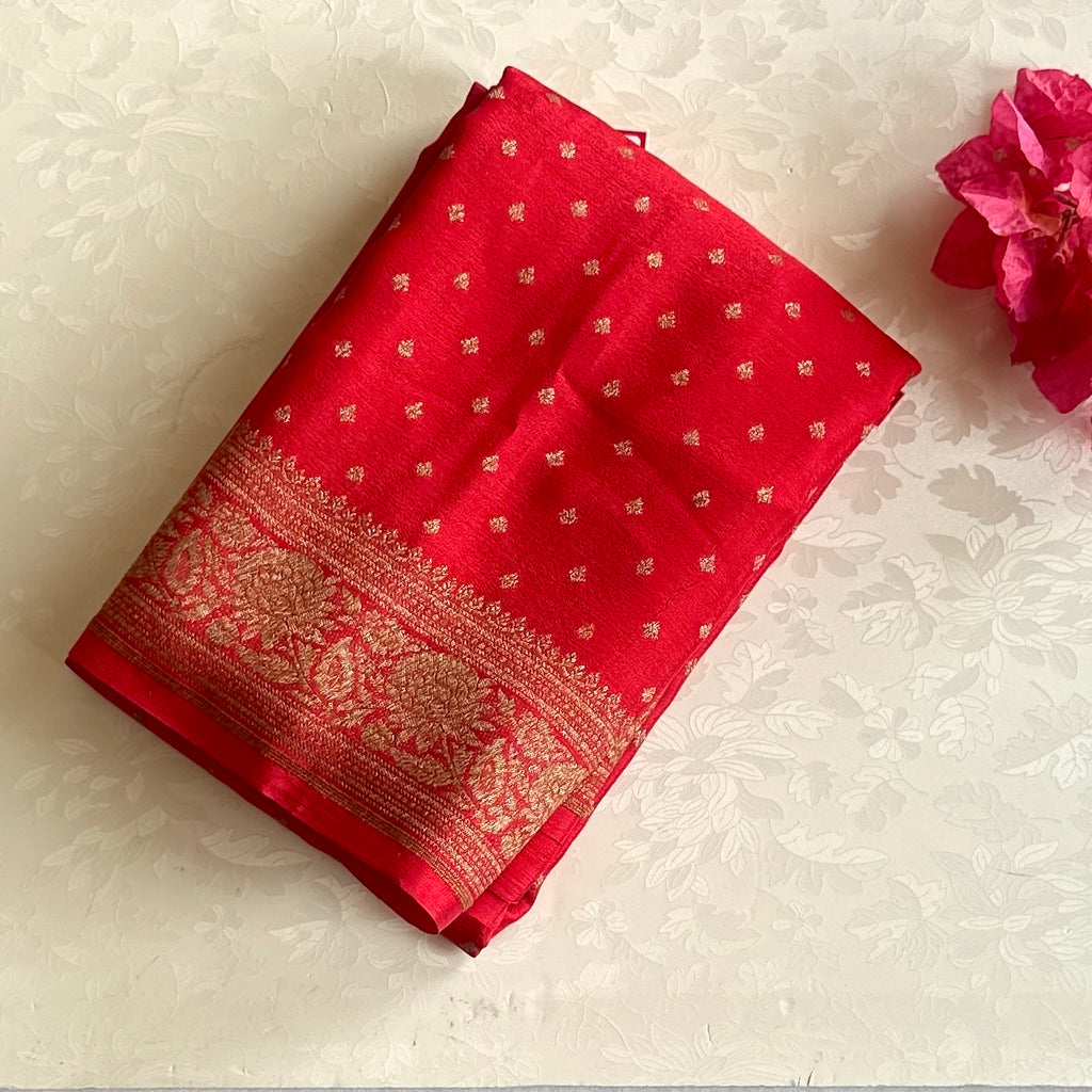 Crimson Silk Saree Gold Brocade Floral Border Bridal Wedding