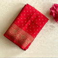 Crimson Silk Saree Gold Brocade Floral Border Bridal Wedding