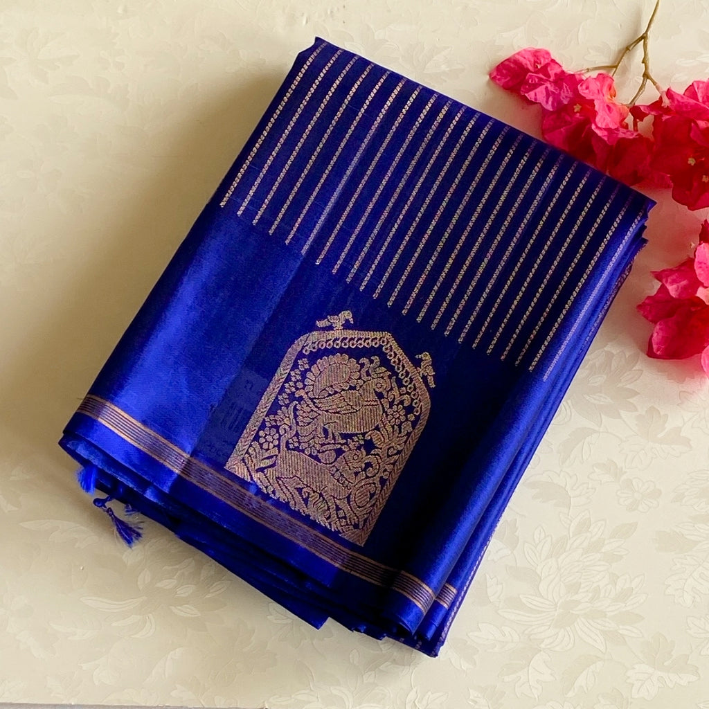 Royal Blue Saree Rose Gold Zari Peacock Temple Border