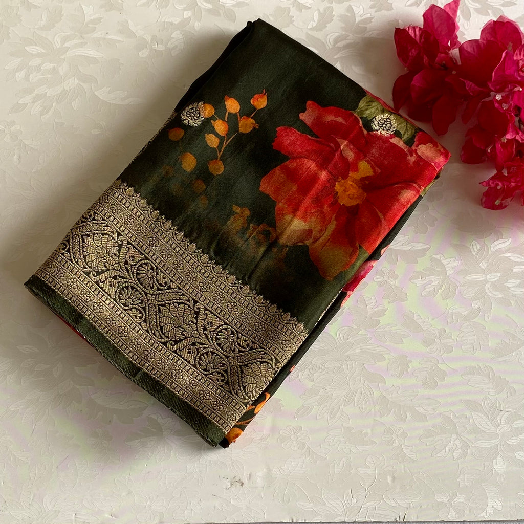Forest Green Jute Tussar Silk With Antique Zari Pallu & Dreamy Prints