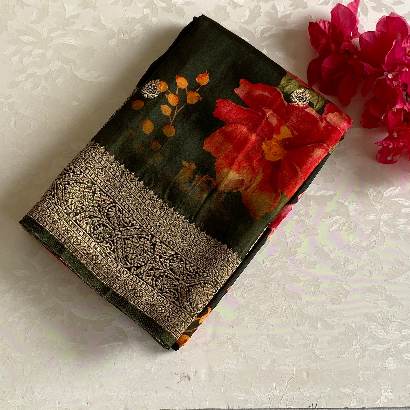 Forest Green Jute Tussar Silk With Antique Zari Pallu & Dreamy Prints