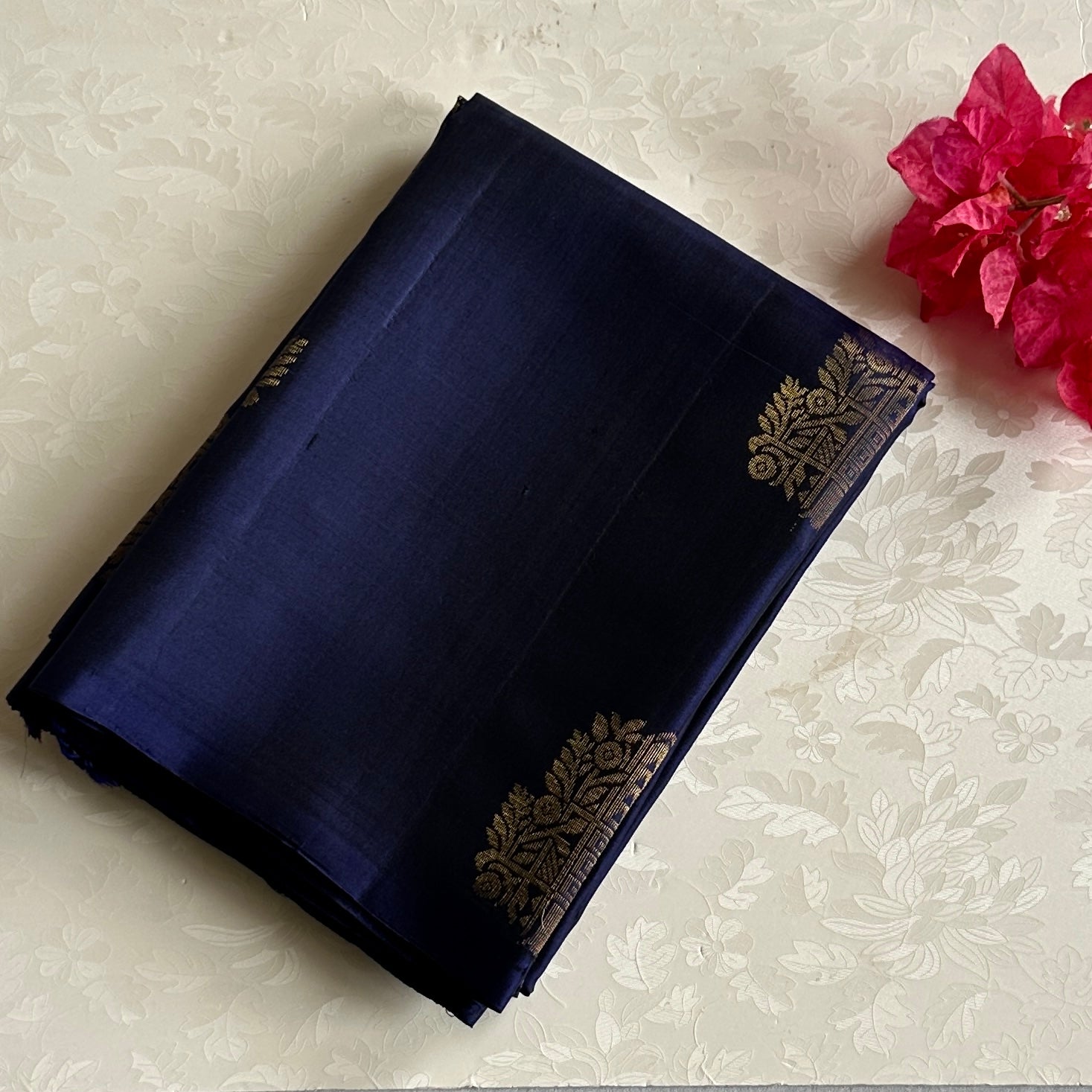 Indigo Silk Saree Gold Brocade Geometric Motif Wedding Festive Wear