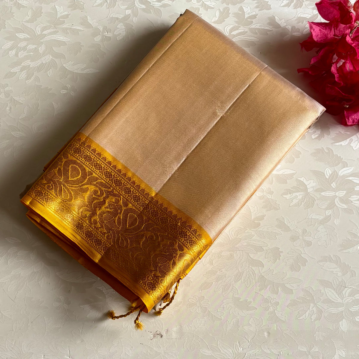 Champagne Beige Designer Pure Silk Saree With Mustard Yellow Pallu