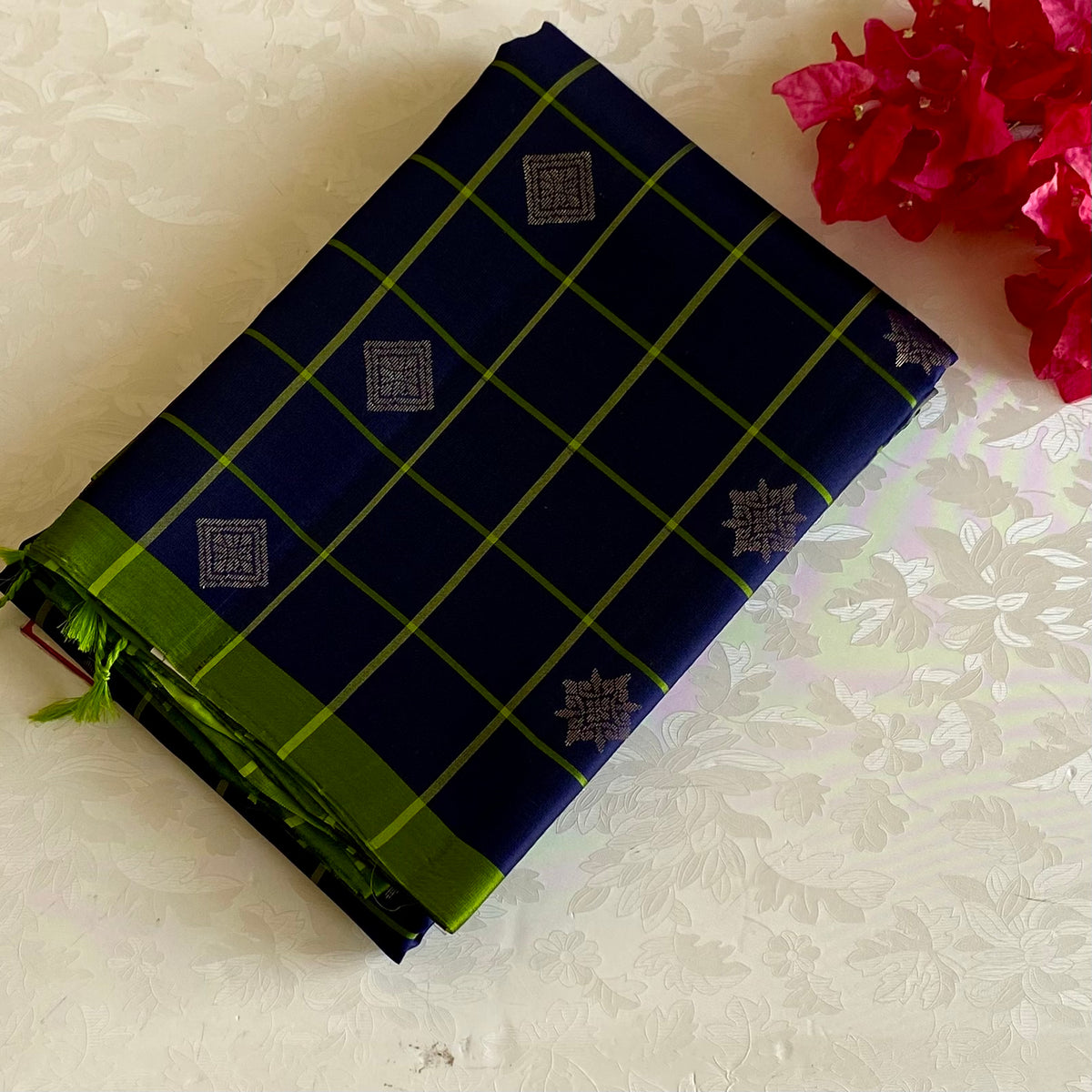 Navy Blue Lime Green Designer Pure Silk Saree With Checks And Zari