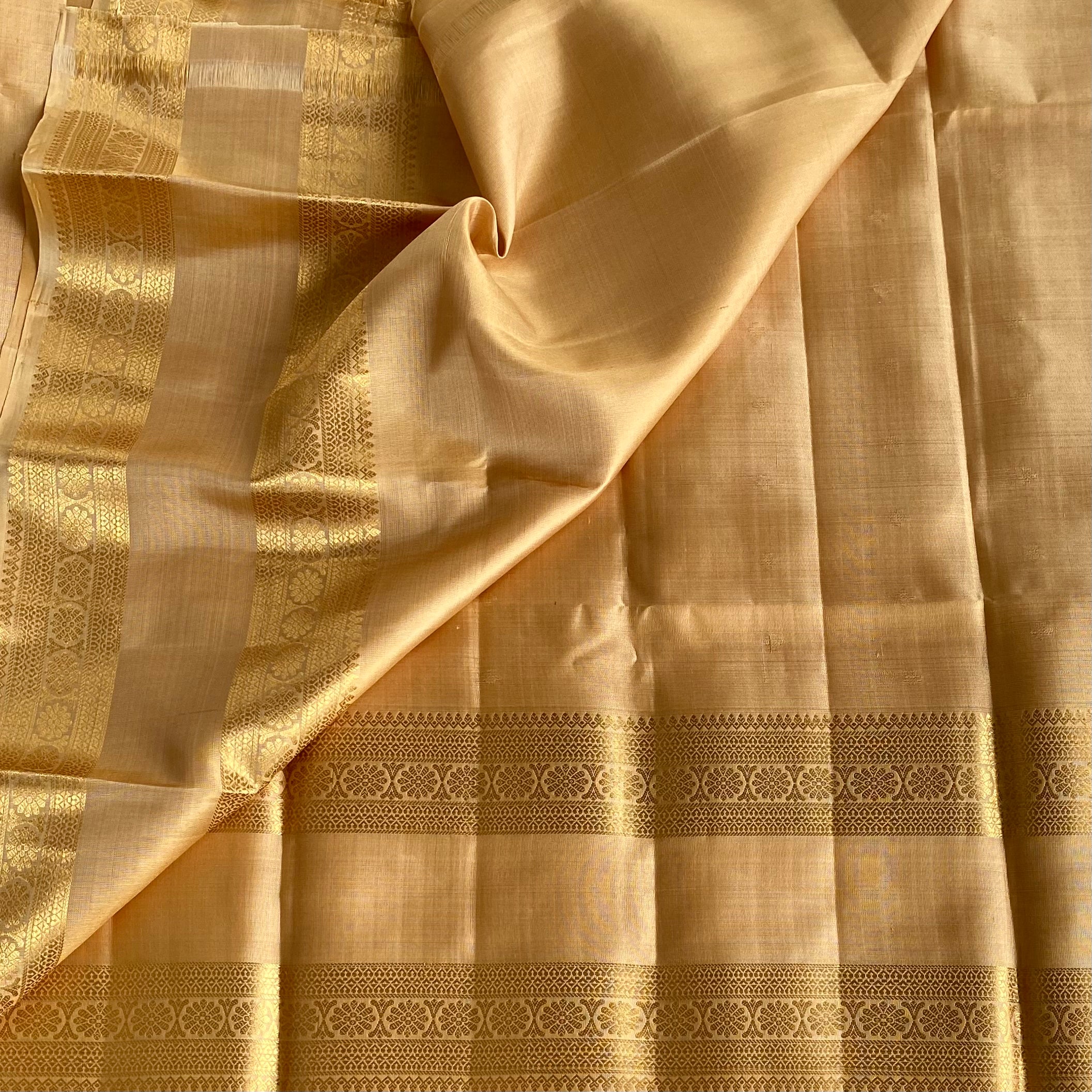 Champagne Designer Pure Silk Saree With Metallic Gold Border