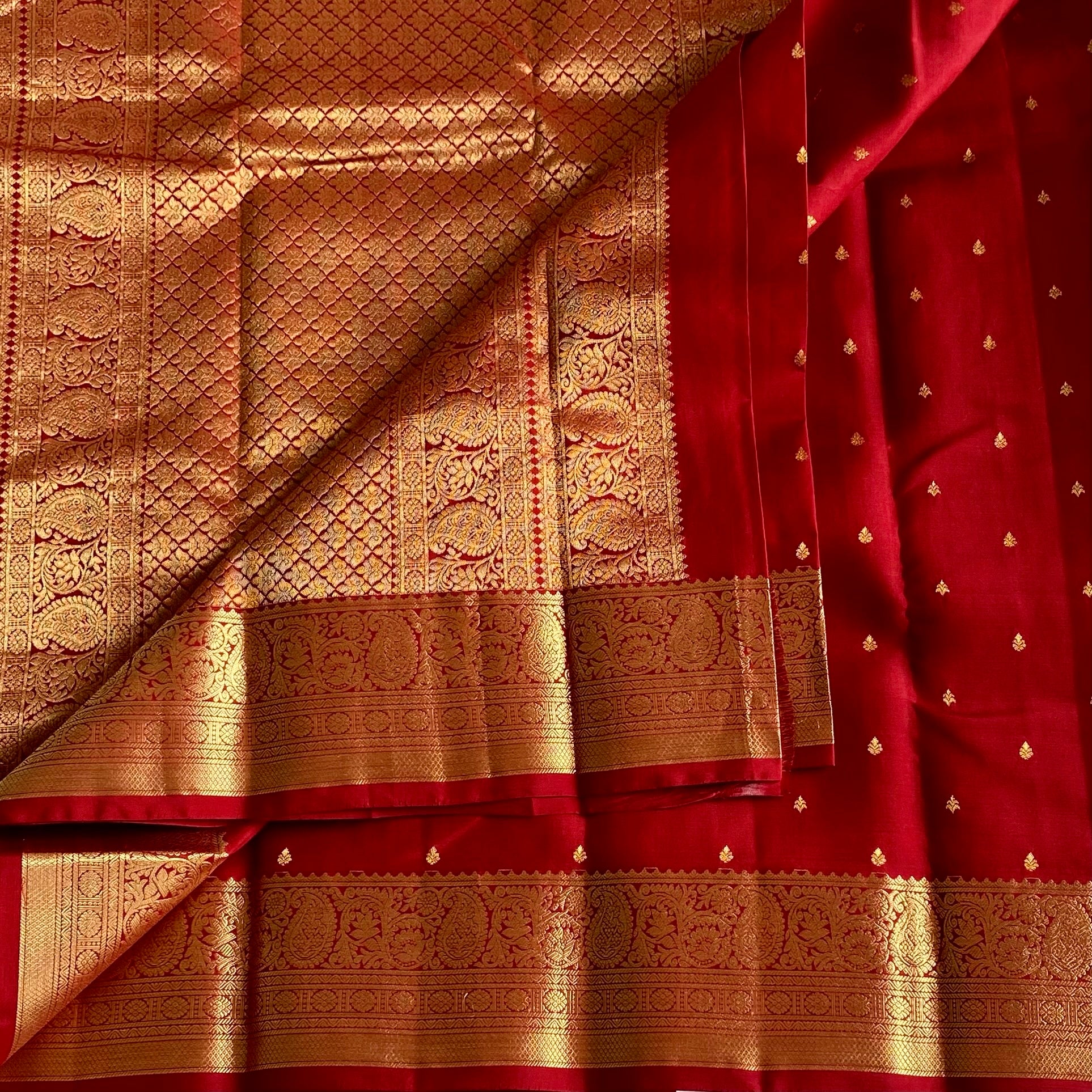 Ruby Red Designer Pure Silk Saree With Antique Gold Pallu