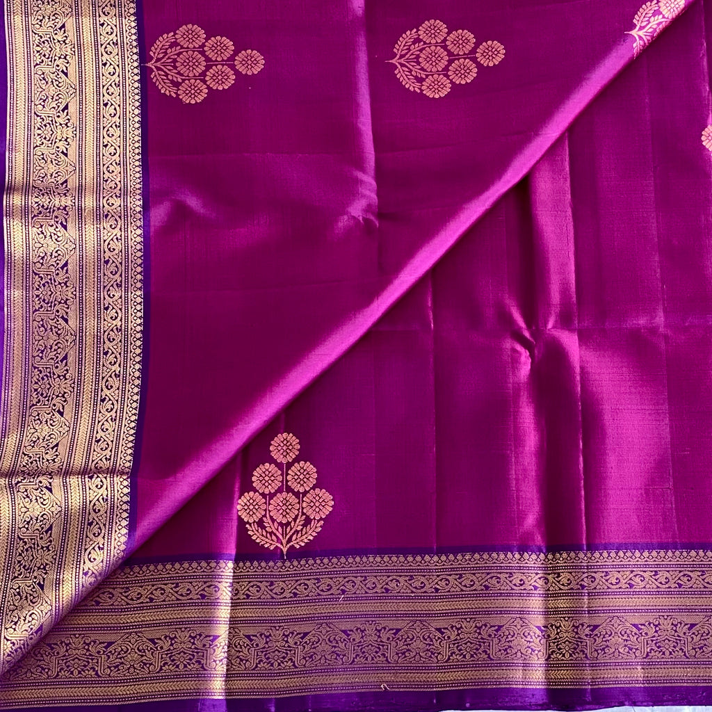 Magenta Designer Pure Silk Saree With Royal Purple Pallu And Zari Gold