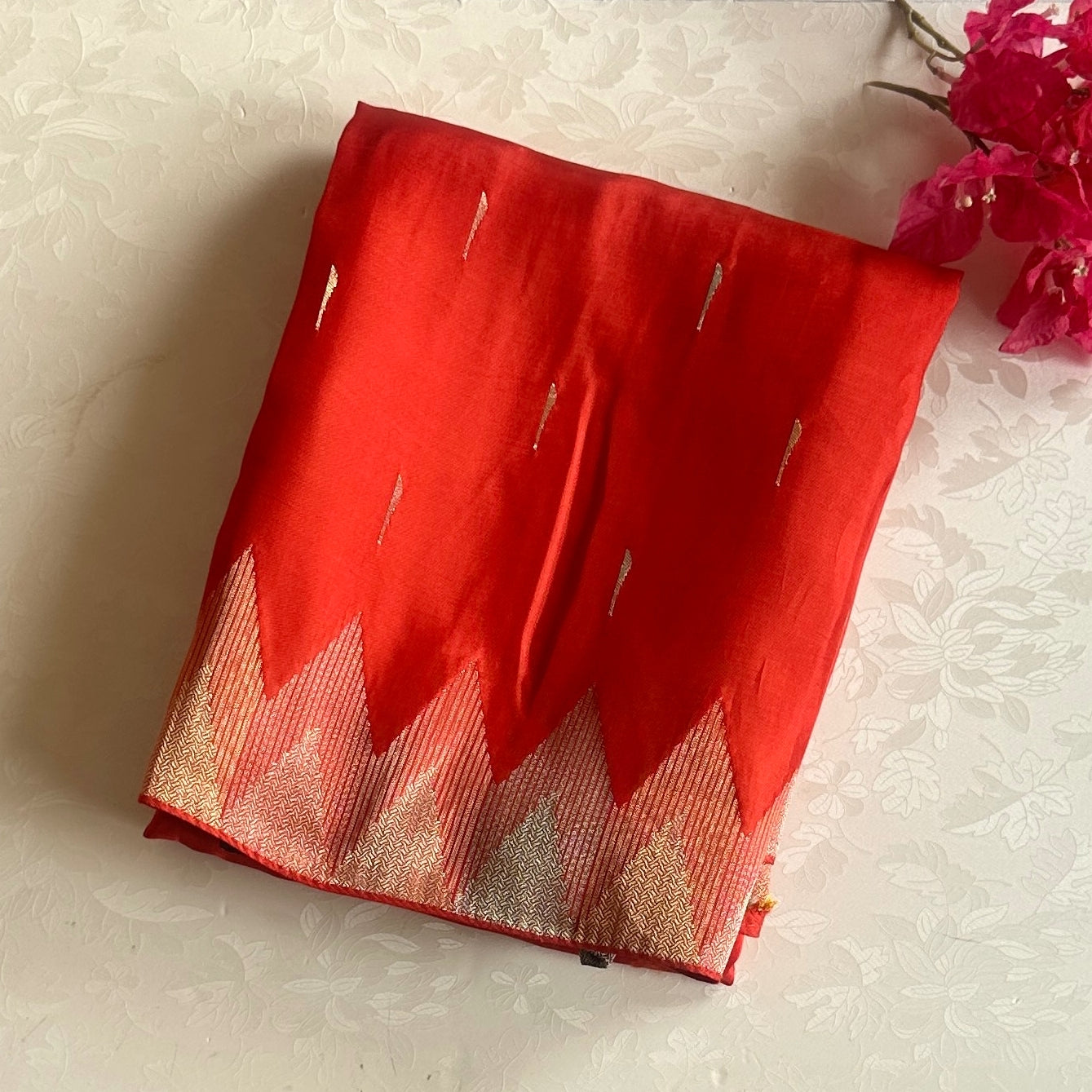 Crimson Red Woven Silk Saree Gold Silver Pallu Zigzag Border