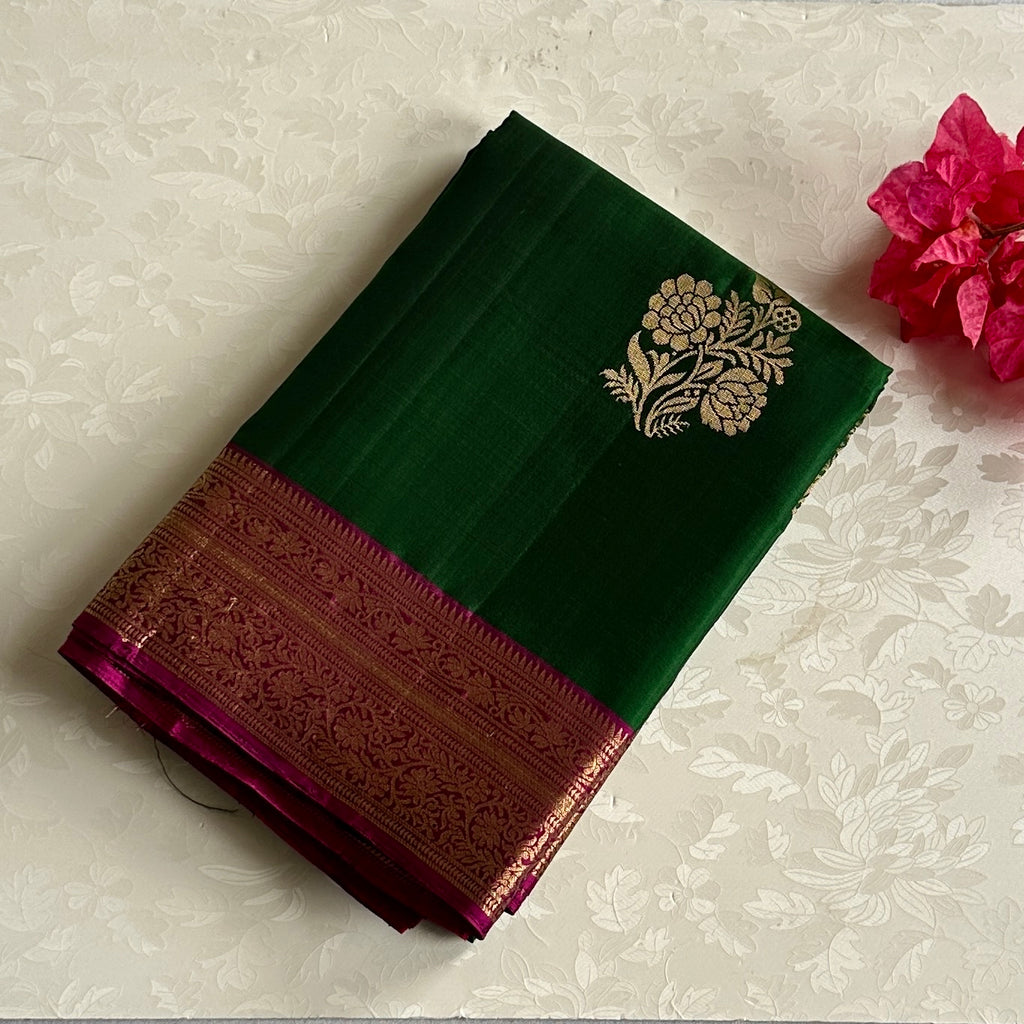 Emerald Green Silk Saree Fuchsia Pallu Gold Zari Floral Motifs