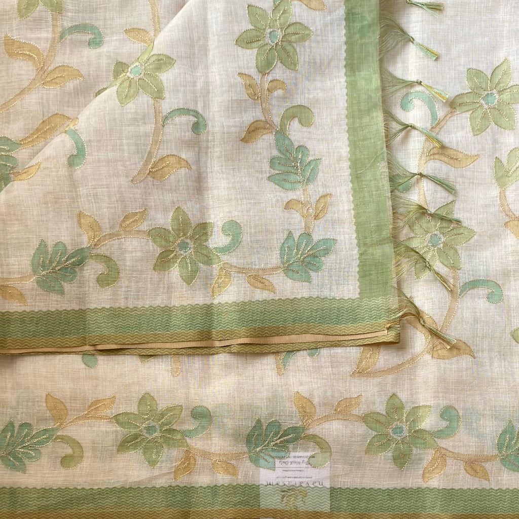 Ecru Sage Floral Embroidered Saree Gold Threadwork Green Border Tassels