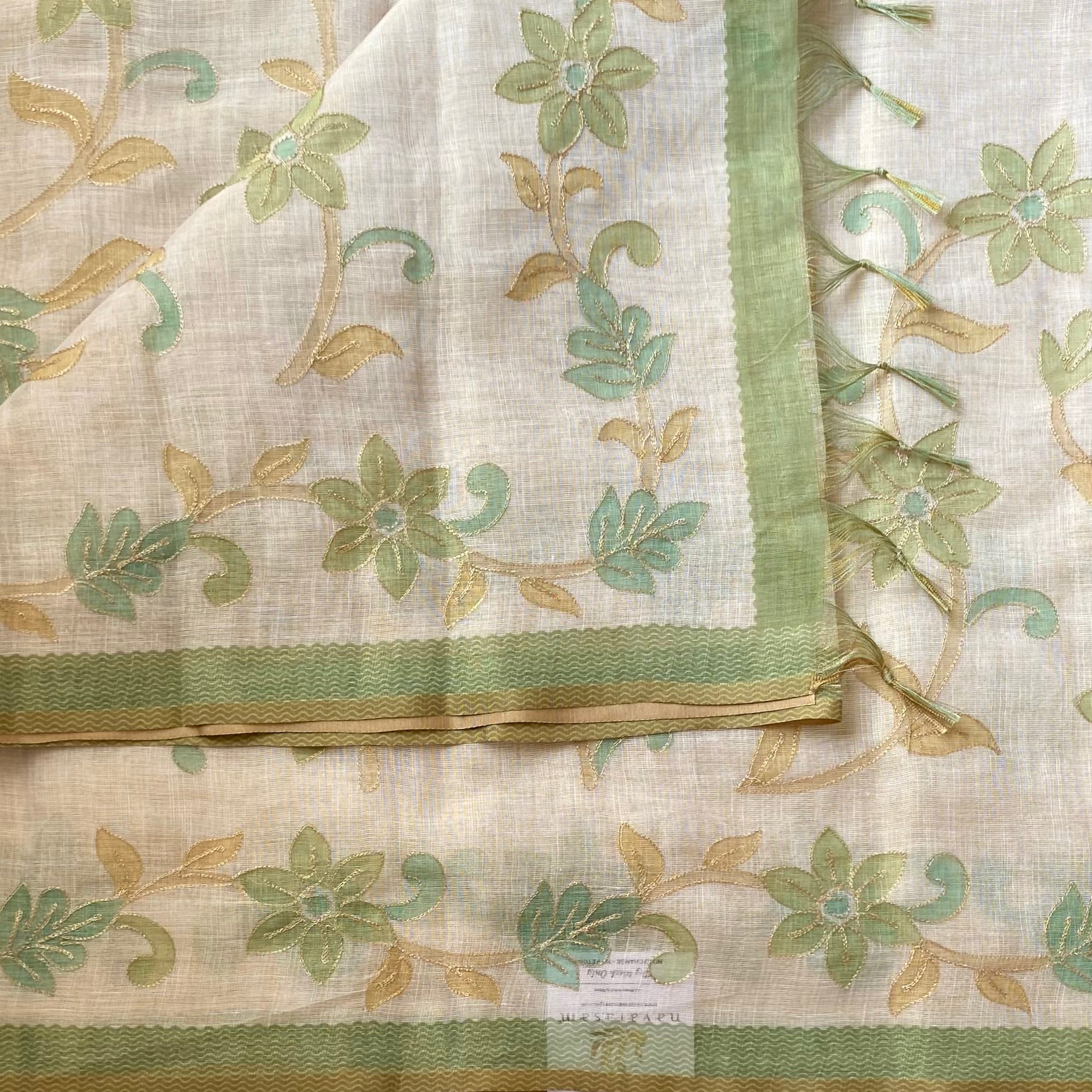 Ecru Sage Floral Embroidered Saree Gold Threadwork Green Border Tassels
