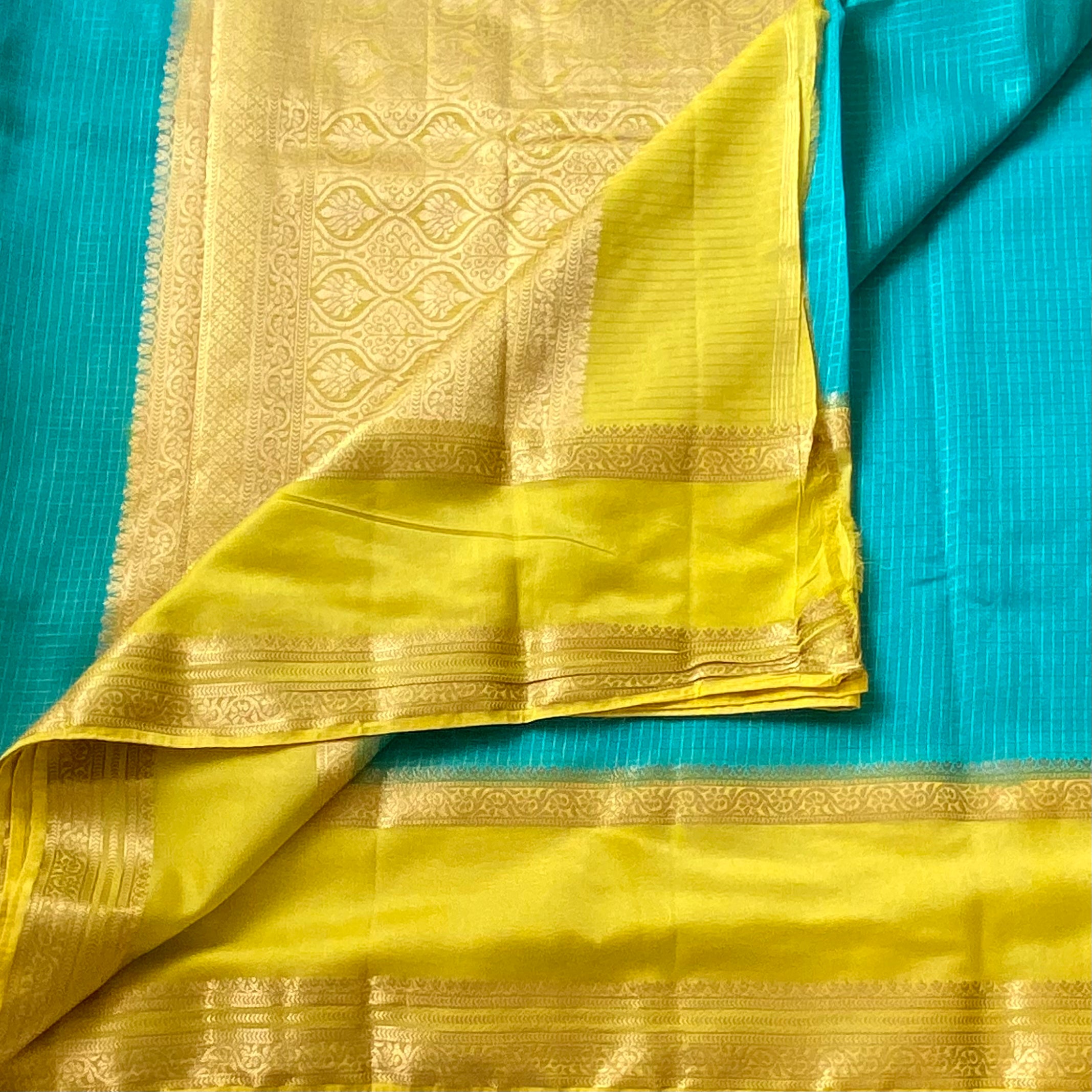 Deep Teal Chartreuse Yellow Saree With Gold Zari Border Traditional