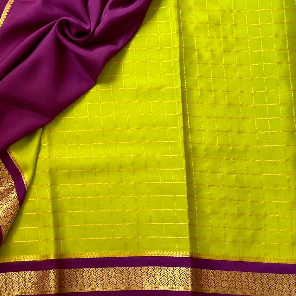 Chartreuse Green Pure Mysore Silk Saree with Purple Brocade Gold Checked Festive Saree