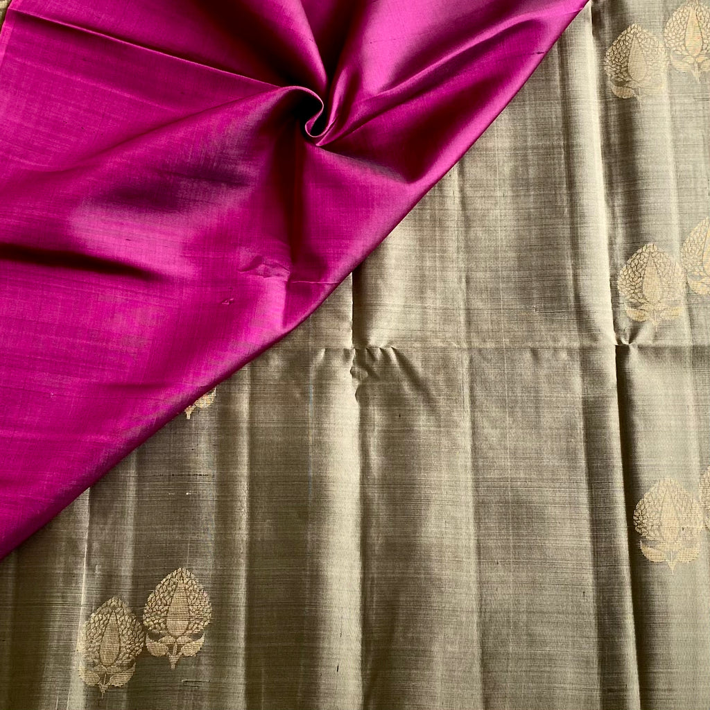 Metallic Sage Green Designer Pure Silk Saree With Magenta Pallu