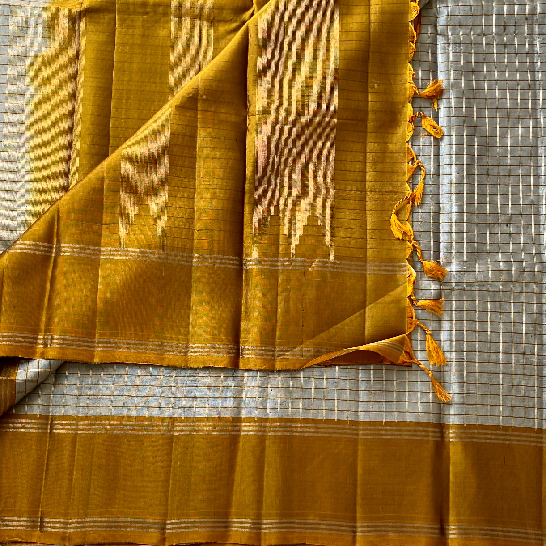 Metallic Amber Silk Saree Pale Silver Checked Pallu Gold Border